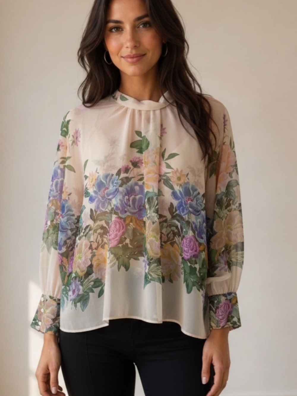 Zara Sheer Floral Long-Sleeve Blouse in Blush Pink Size Large